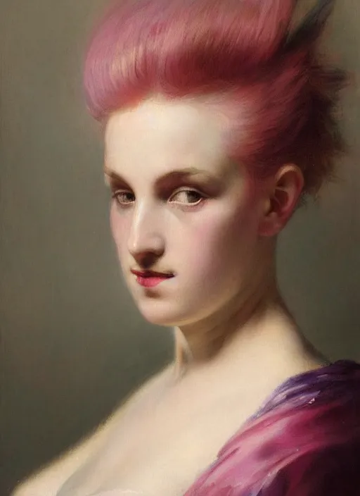 Prompt: a detailed portrait of woman with a mohawk by edouard bisson, pink hair, punk rock, oil painting, muted colours, soft lighting