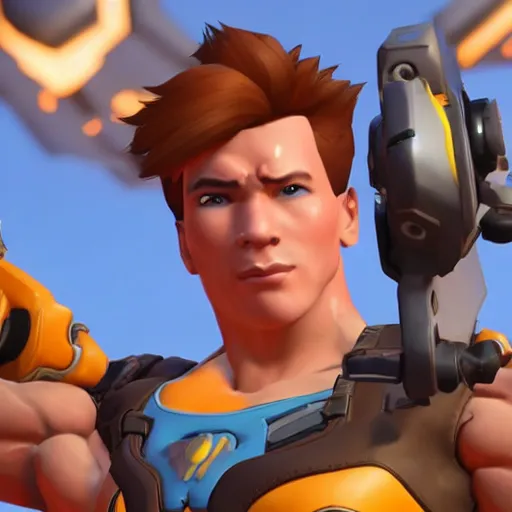 Image similar to a screenshot of arnold schwarzenegger as tracer in overwatch, full body shot