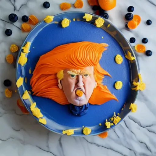 Prompt: edible donald trump made step by step : 1. lemon skin for hair 2. cake and orange pieces for the face 3. blueberries and whipped cream for the suit, from the beautiful'food art collection ', dslr