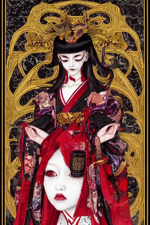 Prompt: a thoth tarot card of an avant - garde japanese bjd geisha vampire queen in victorian red dress in the style of dark - fantasy lolita fashion painted by yoshitaka amano, takato yamamoto, james jean, dmt art, symmetrical vogue face portrait, intricate detail, artstation, cgsociety, artgerm, gold skulls, rococo