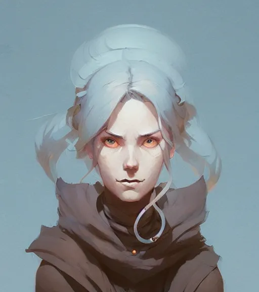 Prompt: portrait of a female mage, by atey ghailan, by greg rutkowski, by greg tocchini, by james gilleard, by joe fenton, by kaethe butcher, dynamic lighting, gradient light blue, brown, blonde cream and white color scheme, grunge aesthetic