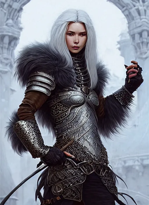 Image similar to fur leather armor!!! long wild white hair!! covered chest!!! fantasy, d & d, intricate ornate details, symmetry, concept art, sharp focus, illustration, art by artgerm! greg rutkowski magali villeneuve wlop! ilya kuvshinov!!, octane render, unreal engine 5, highly rendered!!