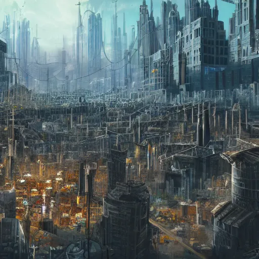 Prompt: large group people in a huge warehouse, looking at a tabletop city | cinematic concept art | godrays | 4 k | clear details | tabletop | tabletop city foreground