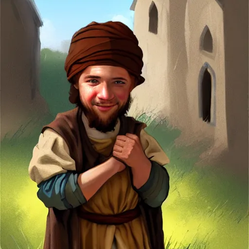 Image similar to medieval peasant boy talking to blacksmith, artstation, fantasy