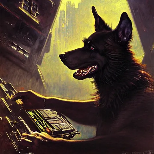 Image similar to a portrait of a black german shepard orc dogman canine neuromancer with human eyes serious looking holding computer console. shadowrun cyberpunk fantasy d & d highly detailed painting by gaston bussiere craig mullins jc leyendecker gustav klimt artgerm greg rutkowski