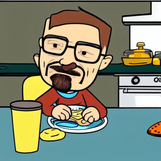 Image similar to baby Walter White doing breakfast, cartoon style,