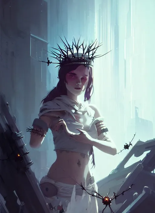 Image similar to portrait of cute goth maiden girl with crown of thorns and white short hairs, warhammer, cyberpunk, by atey ghailan, by greg rutkowski, by greg tocchini, by james gilleard, by joe gb fenton, by kaethe butcher, dynamic lighting, gradient light blue, brown, blonde cream and white color in scheme, grunge aesthetic