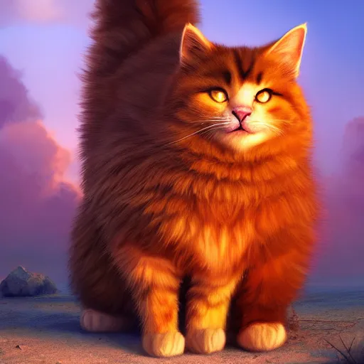 Image similar to colossal fluffy cat, golden hour, fantasy, vivid colors, sharp focus, digital art, hyper - realistic, 4 k, unreal engine, highly detailed, hd, dramatic lighting by brom, trending on artstation