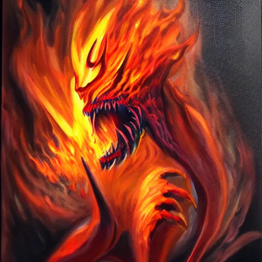 Image similar to fire demon eat human, oil painting