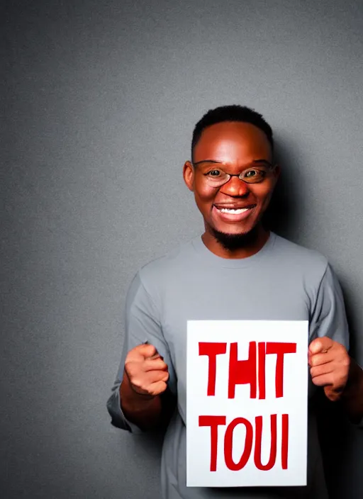 Prompt: thanks tobi sign held by man, madly grinning towards the camera, studio light