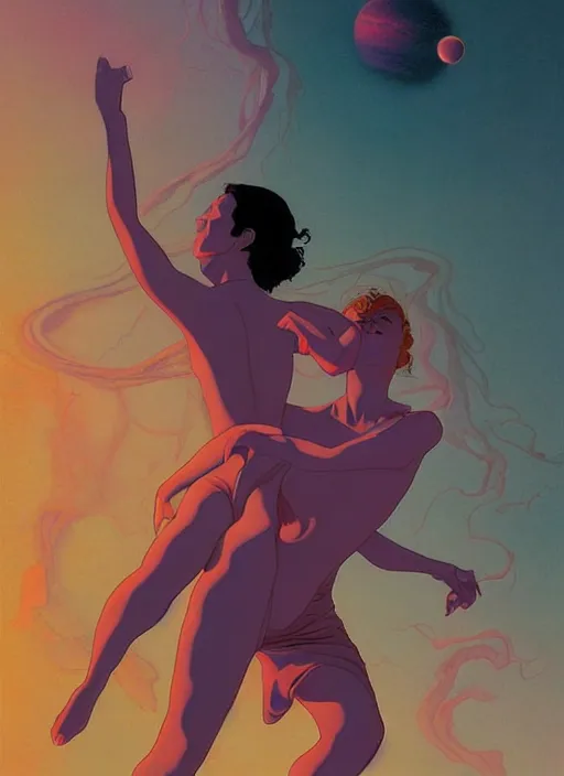 Image similar to poster artwork by michael whelan and tomer hanuka, a portrait of beautiful sensual dancing in the clouds of jupiter, clean