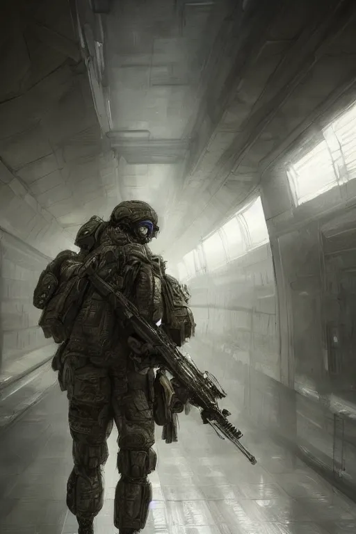 Prompt: ultra realist and ultra intricate detailed soft painting of a futuristic soldier, military, aiming his rifle down a hallway at an approaching xenonorph, sensual gloomy style, volumetric clouds, artstation, unreal render, depth of field