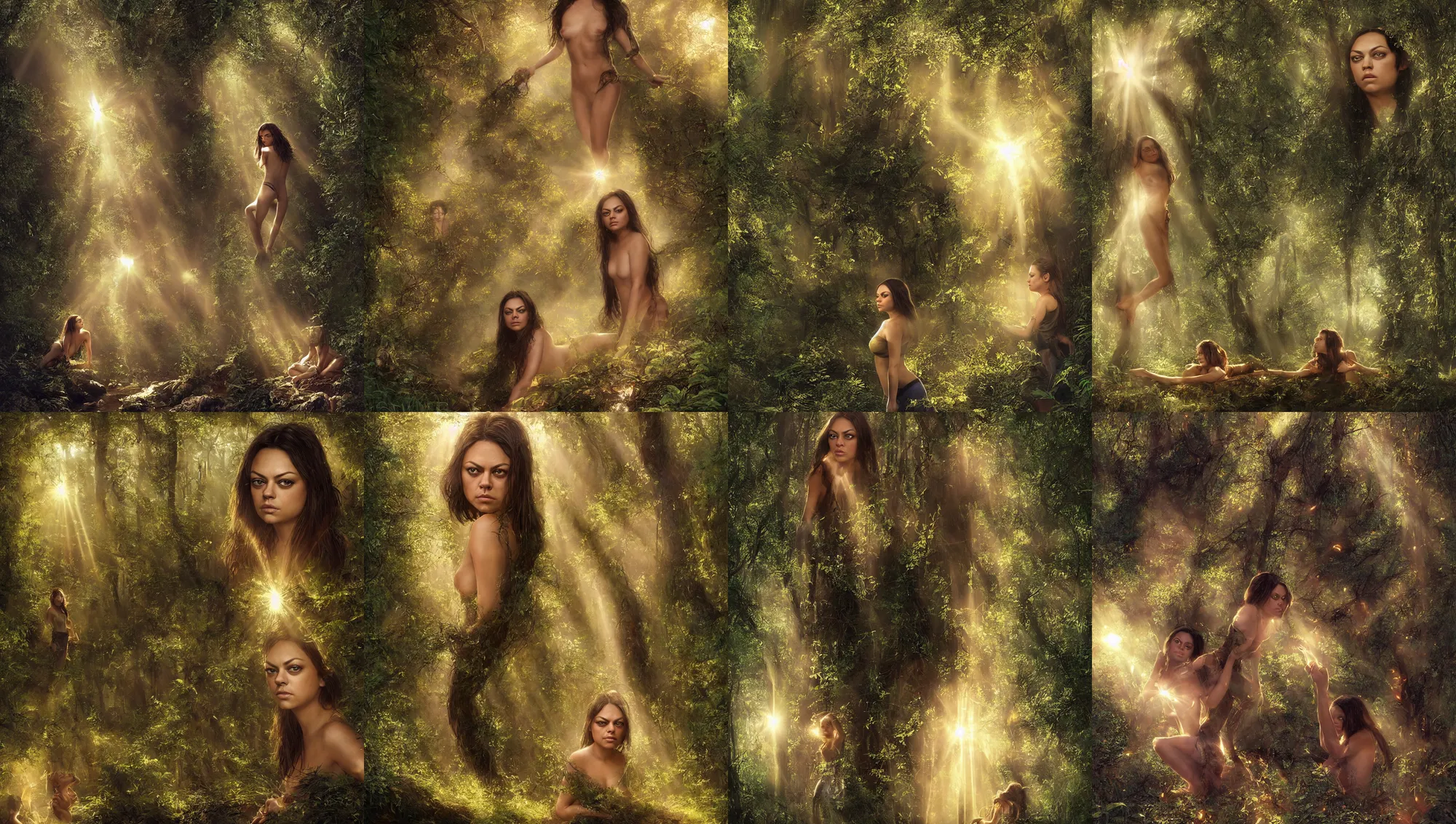 Prompt: big - eyed mila kunis biting her lip, sun - rays through canopy, gentle sparkling forest stream, sundown golden hour firefly wisps, focal length : 2 0 0. 0 mm, steve hanks, charlie bowater, mark brooks, steve henderson, justin gerard, mark keathley, victor nizovtsev, tom bagshaw, krenz cushart, ross tran