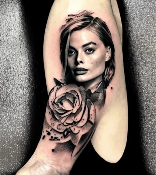 Image similar to tattoo sketch of margot robbie mash up amazing mountain scenery and nature, double exposure effect, in the style of arlo dicristina, hyper realism, amazing detail, sharp