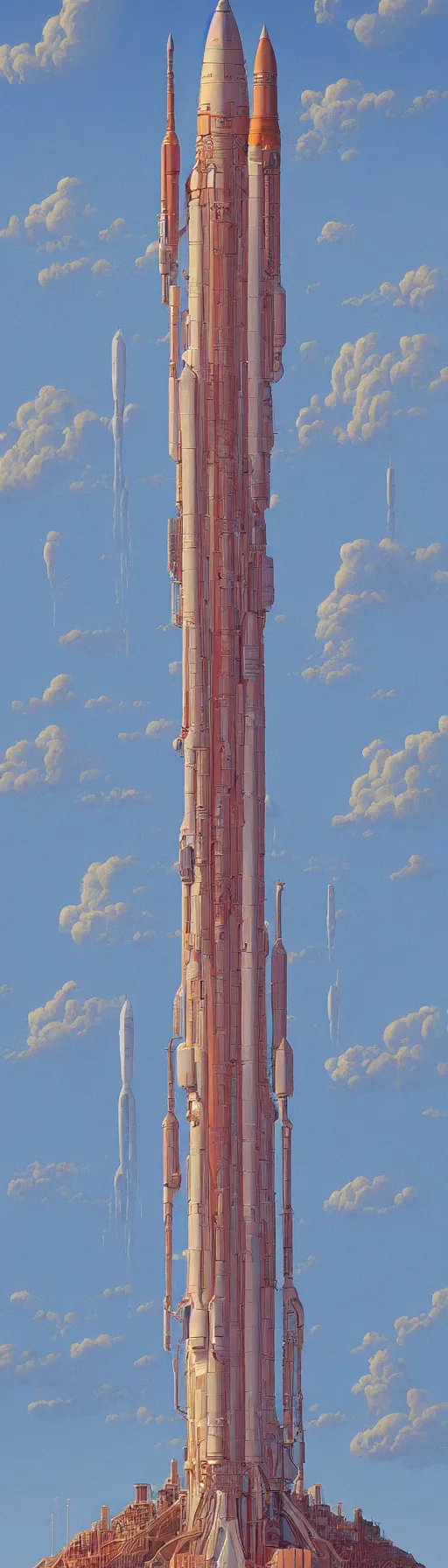 Image similar to an original jean giraud and beeple digital art masterpiece of a giant rocket