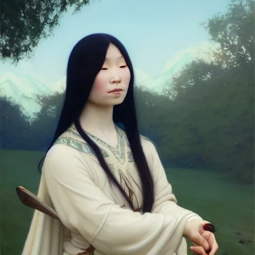 Image similar to a ultradetailed beautiful painting of a young european inuit woman in the park by hsiao ron cheng, ngai victo, nivanh chanthara jean delville wlop and dougherty patrick, trending onv artstation, alaska, light sparkles, major arcana sky, sharp focus, soft light