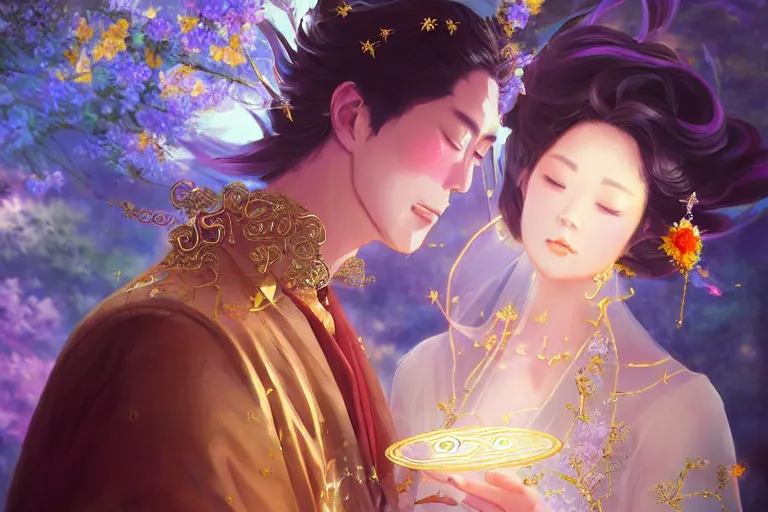 Image similar to a dreamlike portrait of wedding photograph close up moment of a divine a taiwan sun god and moon goddess lovers magician at a wedding banquet. portraiture. digital painting. artstation. concept art. fantasy wedding photo. digital painting, 8 k realistic, hyper detailed, by makoto shinkai and akihiko yoshida and hidari and wlop