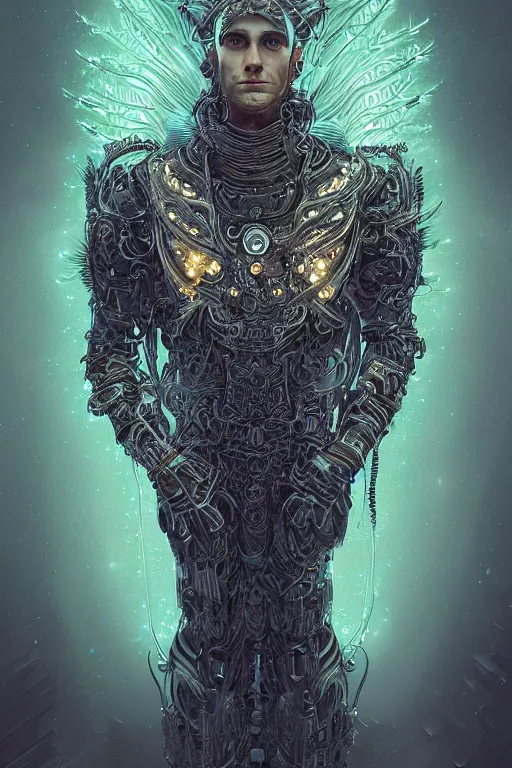 Image similar to portrait of an angelic male with intricate body armor made of bioluminescence wires by joe fenton and anato finnstark, arstation and beeple highly, feathers, shimmer detailed, cinematic lighting, octane render, unreal engine lumen, very coherent. cinematic, hyperrealism, high detail, octane render, 8 k