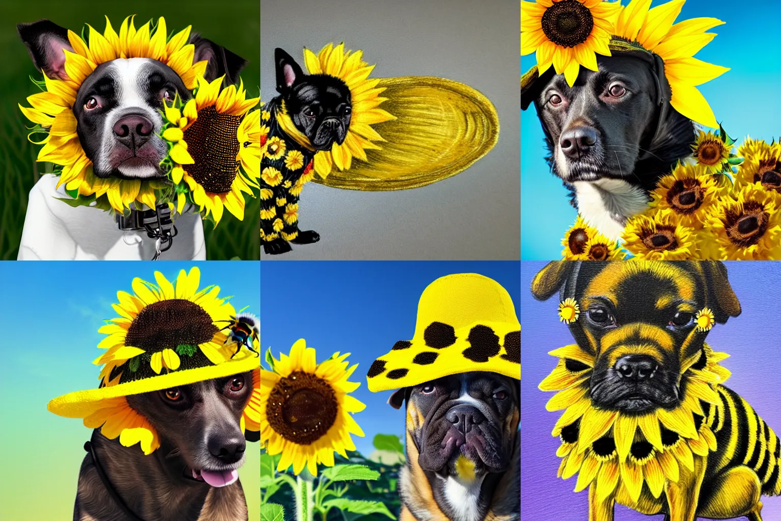 Prompt: dog with a bumble bee coat wearing a sunflower hat covered in bumblebees, photo realistic, colorful lighting, realistic shadows