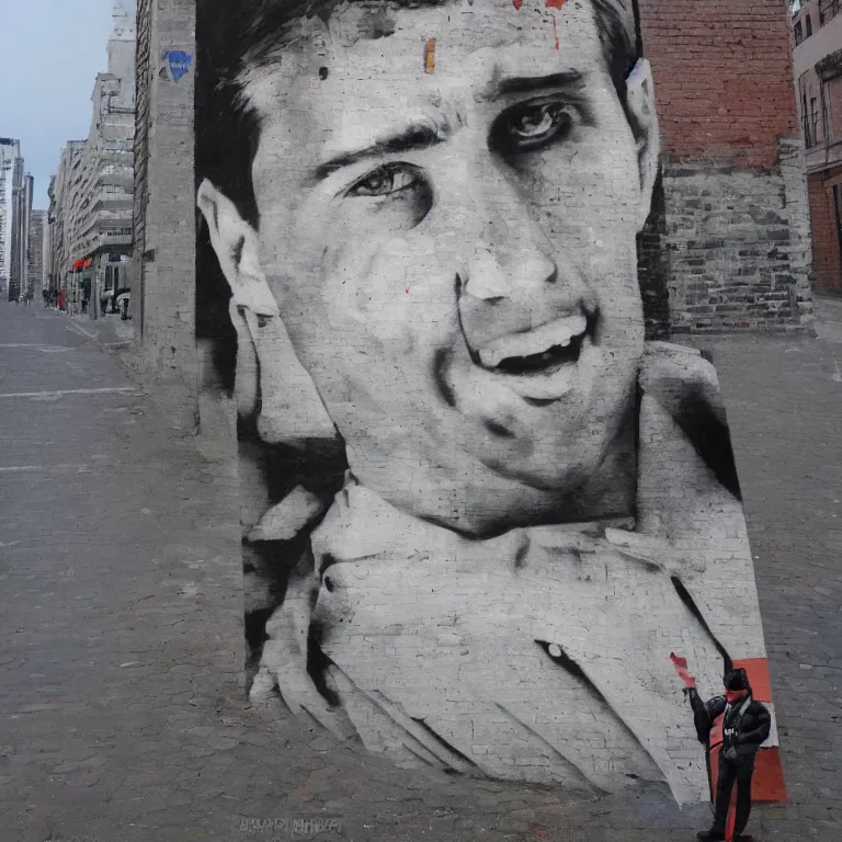 Prompt: Street-art portrait of Yuri Vladimirovich Nikulin in style of Banksy, photorealism