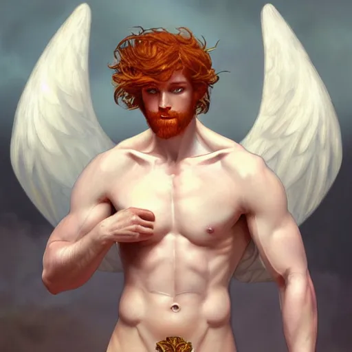 Prompt: beautiful natural male ginger angel wearing a white loincloth, intricate, elegant, highly detailed, digital painting, artstation, concept art, smooth, sharp focus, illustration, art by artgerm and greg rutkowski and alphonse mucha and loish and WLOP