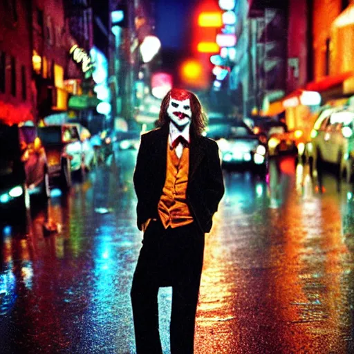 Image similar to night flash portrait photography of thejoker on the lower east side by annie leibovitz, colorful!!, nighttime!, raining!