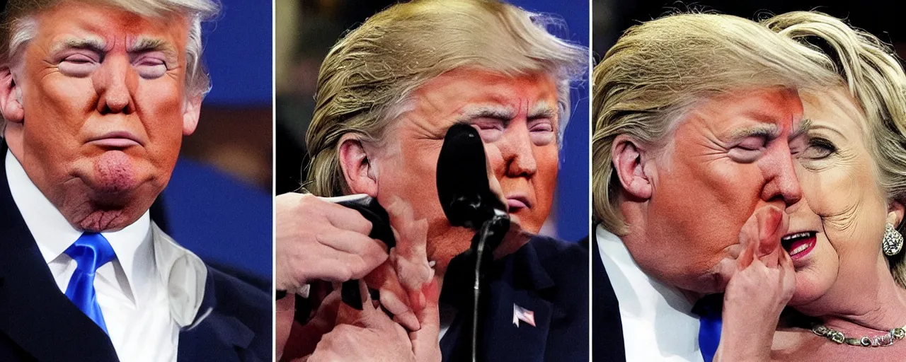 Image similar to AP PHOTO Donald trump seen kissing Hillary Clinton. They are both hiding