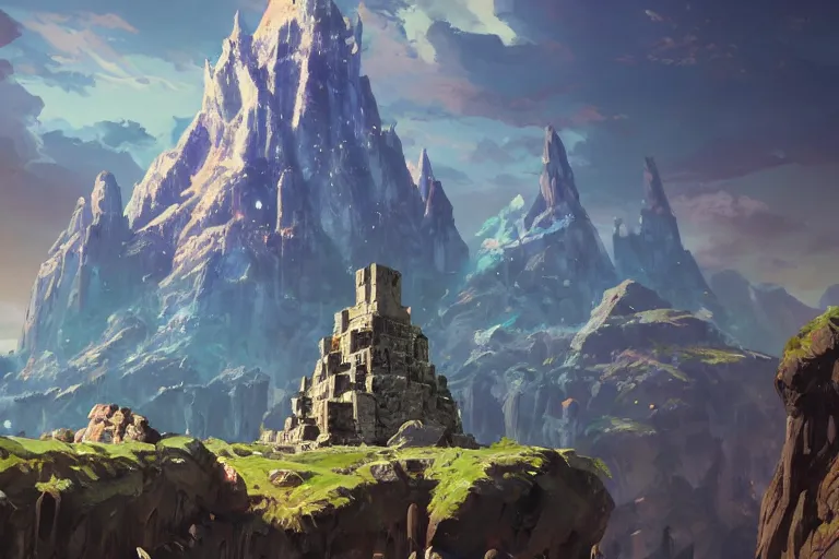 Image similar to the ancient mountain castle zelda breath of the wild, in the style of stephan martiniere and vicente segrelles, trending on artstation, back lighting tilt - shift cottagecore, abstract illusionism, movie poster, creature concept art, precisionism