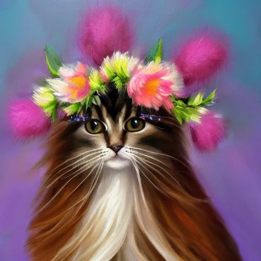 Prompt: anthromorphic fluffy long haired cat dressed in tutu with flower crown, detailed 4 k oil painting