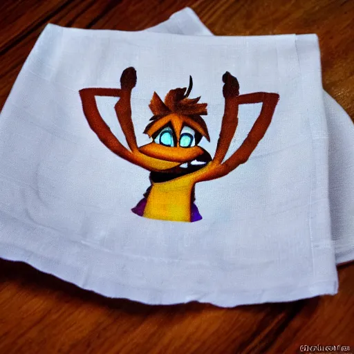 Prompt: crash bandicoot on a coffee stained napkin