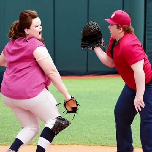 Prompt: actress Melissa McCarthy playing baseball