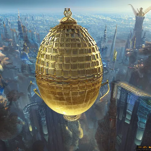 Image similar to enormous flying city in a faberge egg, sky, steampunk, fantasy art, unreal engine, aerial view