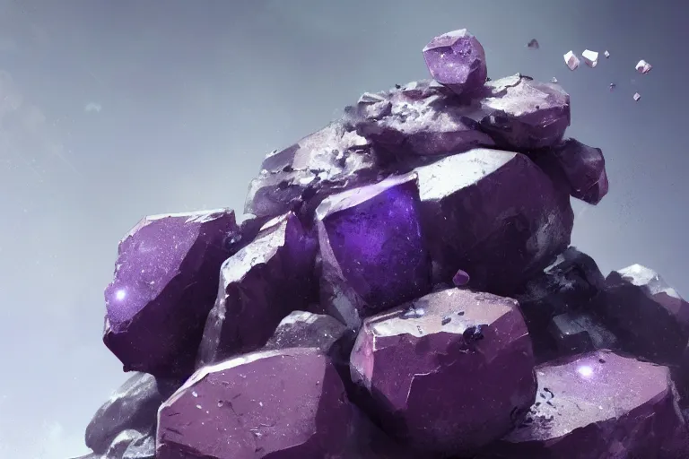 Prompt: close-up of three tiny magical purple stones, fragmented, debris floating in mid air, stones connected by magical energy, white background, concept art in style of Greg Rutkowski, painted by Frank Frazetta, trending on artstation