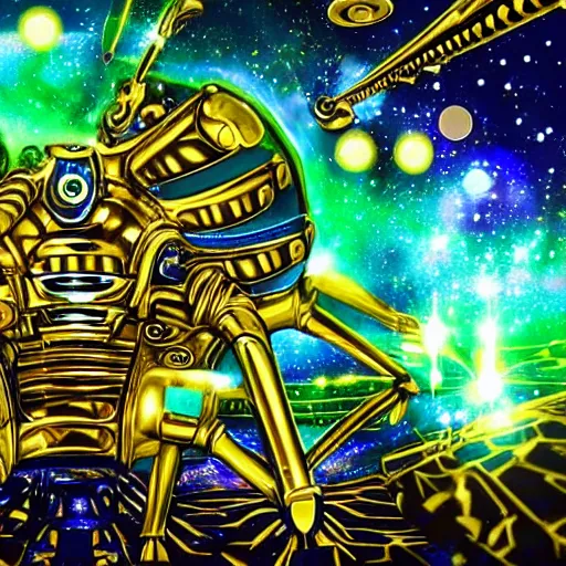 Prompt: Alien Machines Made of Gold And Diamonds Glowing Vibrant Complex Prismatic Depth Awesome