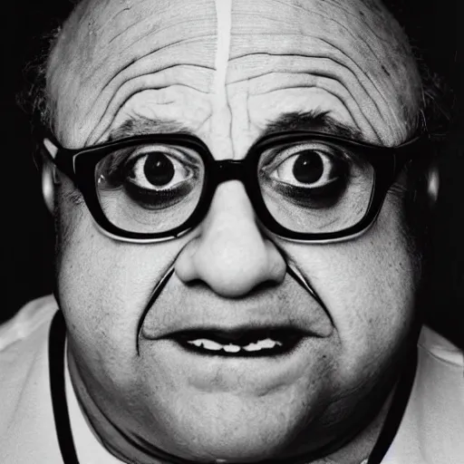 Image similar to Danny DeVito in ((clown makeup)), portrait photograph, serious sad, low contrast ilford hp5 film, black and white, high grain
