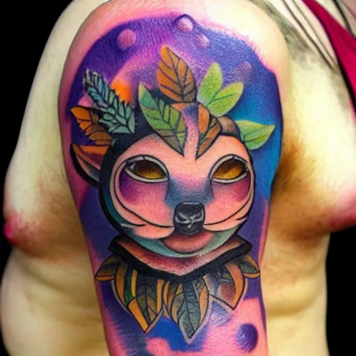 Prompt: shoulder tattoo of a multicolored hallucinogenis meditating cute bush baby, eyes are glowing rainbow spirals, long fur, happy mood, surrounded with colorful magic mushrooms and rainbow marihuana leaves, insanely integrate