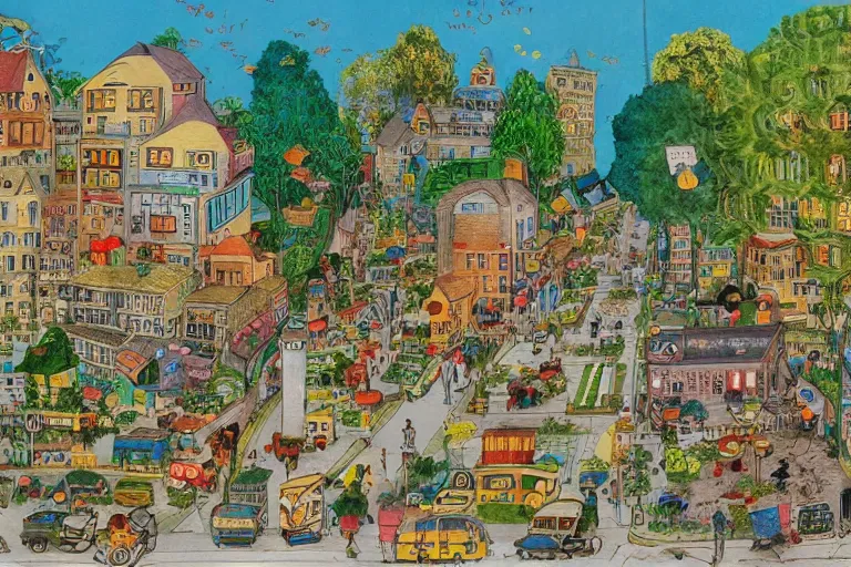 Image similar to an elaborate and dense painting of a peaceful neighborhood, detailed, made of alcohol ink on parchment and penned illustrations, by richard scarry and bosch