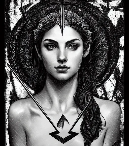 Prompt: aphrodite goddess wearing an arrow on her head, beautiful face, black and white drawing, in the style of greg rutkowski, fantasy, amazing detail, epic, intricate, elegant, smooth, sharp focus