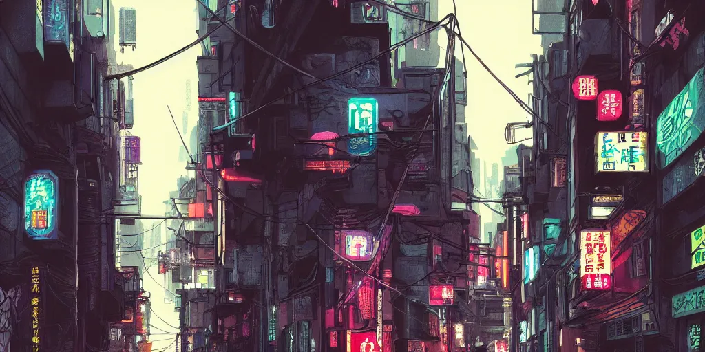 Prompt: Cyberpunk back alley with minimal number of neon lighting on a rainy day in Japan, low angle view, detailed matte painting, cinematic, Moebius, Artstation