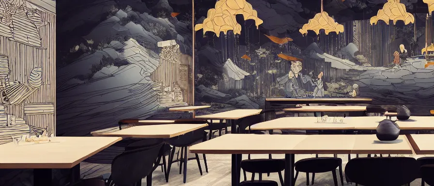 Image similar to a beautiful interior view illustration of a small roasted string hotpot restaurant of baota mountain in yan'an city, animation illustrative style, from china, restaurant wall paper is a high tower on a mountain, rectangle white porcelain table, black chair, simple style structure decoration design, victo ngai, james jean, 4 k hd