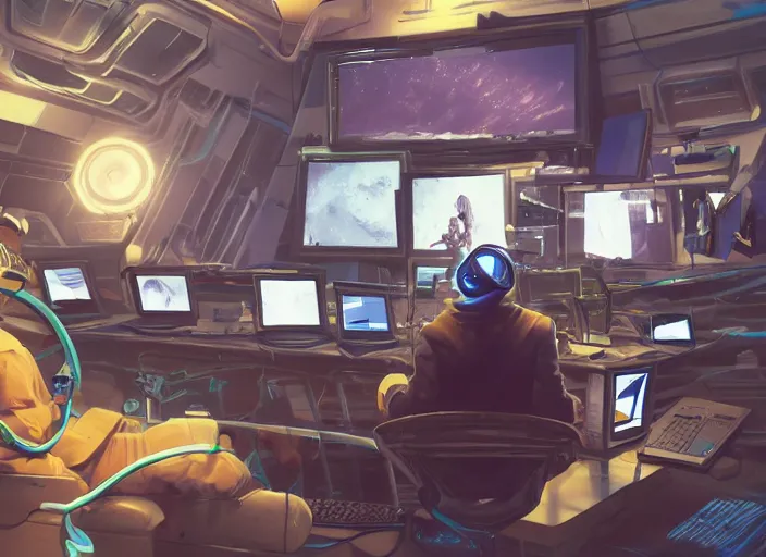 Image similar to a man sitting on a chair with things attached to his head, screens and monitors in front of him playing videos, ship interior, scifi, dramatic lighting, concept art, surreal