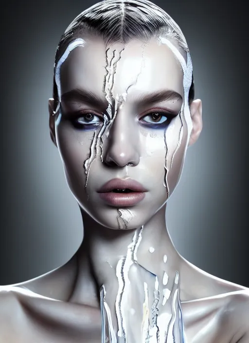 Prompt: a fierce nubile young woman with reflections in her eyes and slicked hair, painted with intricate white paint dripping, clear skin, futuristic, elegant, graceful, fashionable, cinematic, hyperdetailed illustration by irakli nadar and alexandre ferra, depth of field, global illumination,