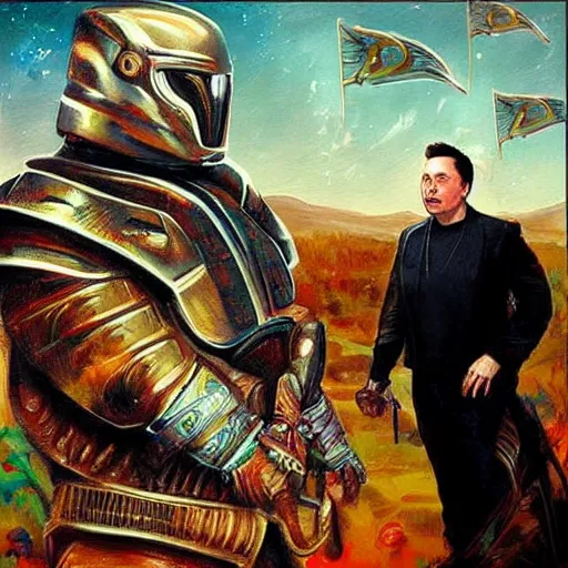 Image similar to elon musk as a warlord, painting, surreal