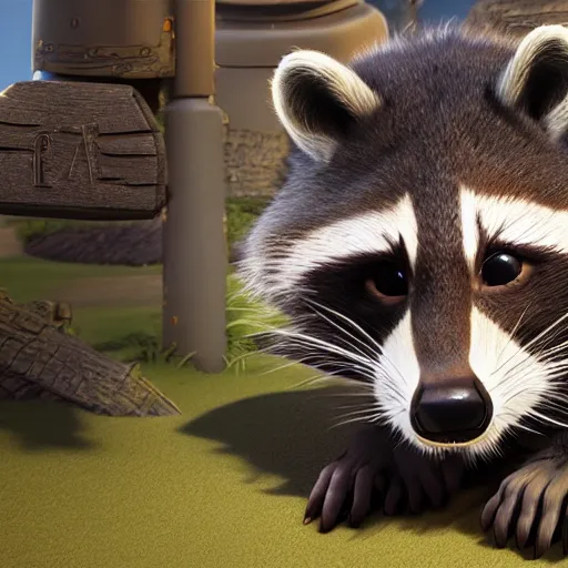 Image similar to raccoon, clash royal style characters, unreal engine 5, octane render, detailed, cinematografic, cinema 4 d