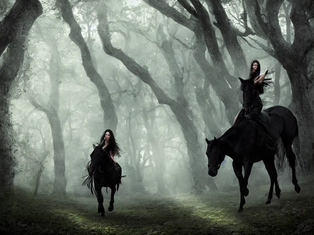 Prompt: a woman riding a black horse through a oak and beech forrest, similar to arwen on asfaloth rays of light, cinematic, fantasy art, moody morning light, trending on artstation, by peter jackson