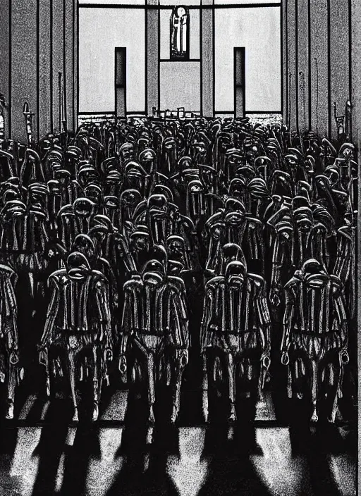 Prompt: giant gray policemen march in the foreground in front of a gray brutalist cathedral, the cathedral has large saturated stained glass windows, bloom, street corner, biomechanical, biopunk, hyperrealism, pitch black, low key, dark, gloomy, hazy, spotlights, control panels, dramatic lighting, vignette, art by hr giger, digital art