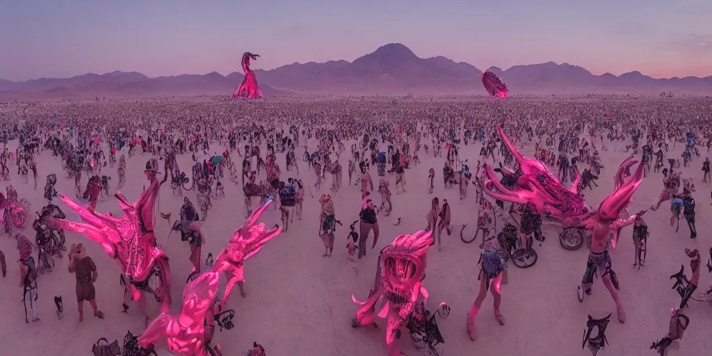 Image similar to a giant pink xenomorph statue in the middle of crowd of ravers dancing at Burning Man in the desert, sunset, hd 35mm photography, big clouds, cinematic