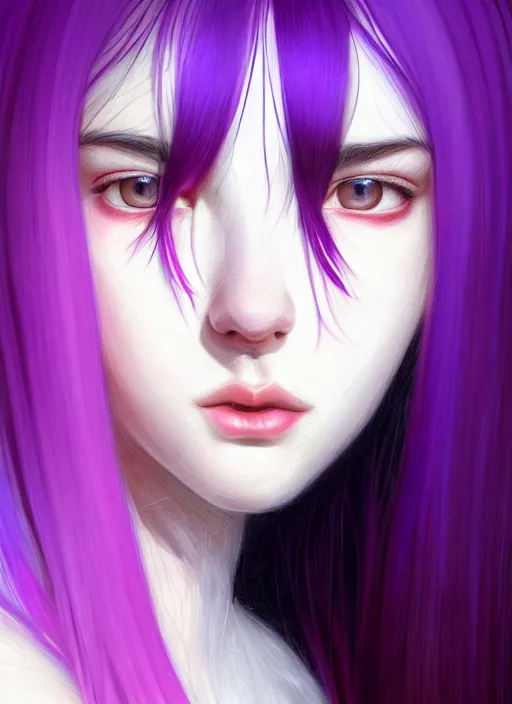 Image similar to hair whitebangs hair, black hair, whitebangs, portrait of teenage girl with white bangs, red irises, purple clothes, white bangs, bangs are different color from hair, intricate, elegant, glowing lights, highly detailed, digital painting, artstation, concept art, smooth, sharp focus, illustration, art by wlop, mars ravelo and greg rutkowski