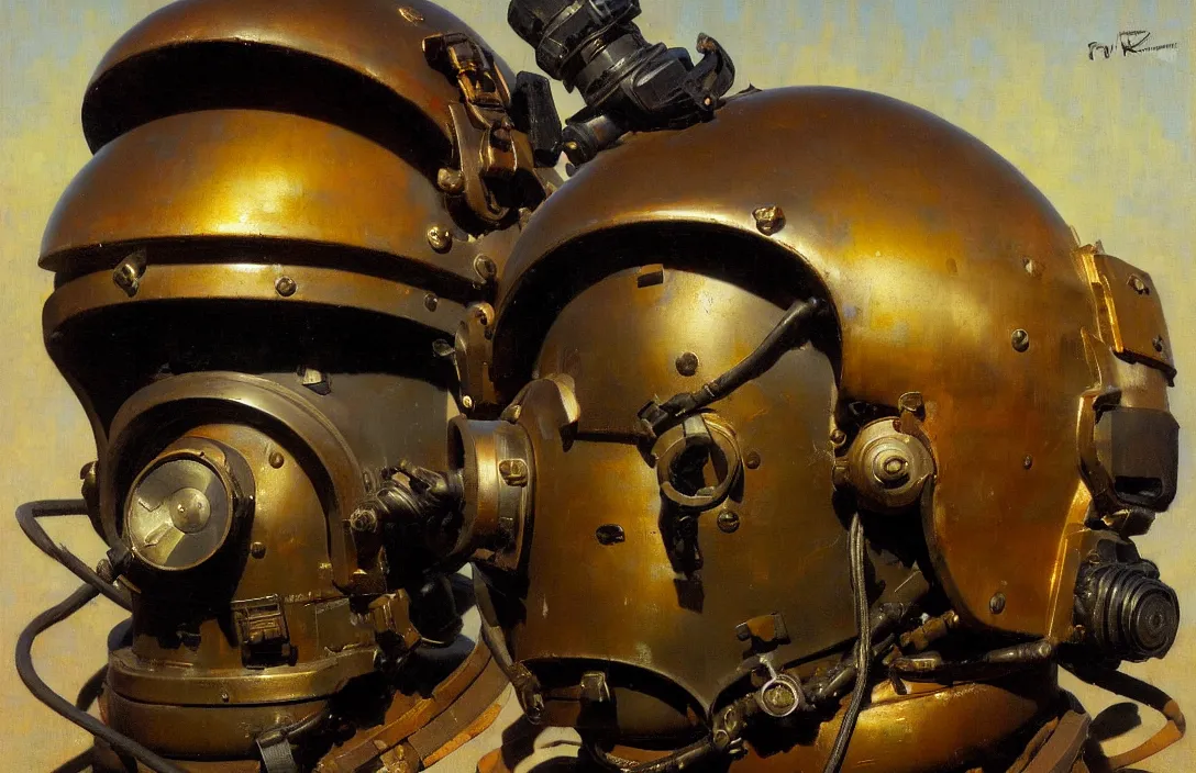 Prompt: portrait of us navy mark v deep sea marine divers helmet, detailed face, detailed painting, epic lighting, by ilya repin, phil hale and kent williams