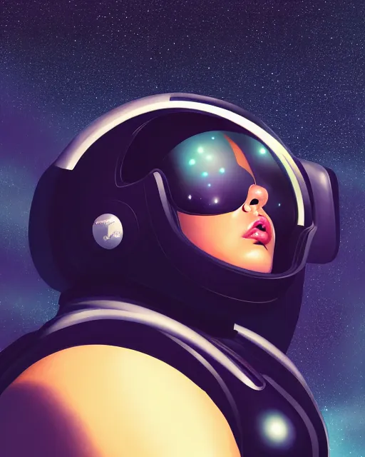 Image similar to close up of a thicc beautiful futurstic astronaut girl, floating through deep black space, few stars in the distance | | epic - fine - clean, polished, trending on artstation, brush strokes